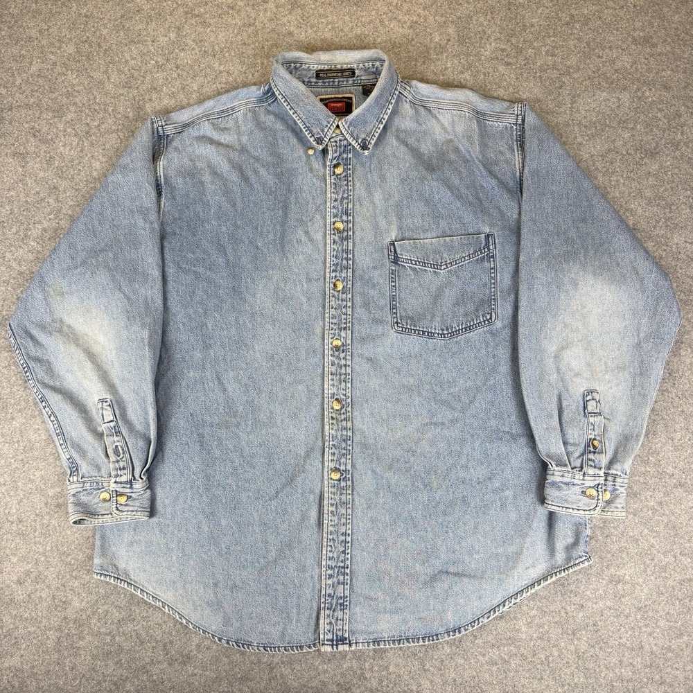 Wrangler Hero Shirt Mens XL Blue Denim Button Down Workwear Western Pocket READ